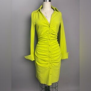 H&M Rare Chartreuse Long Sleeve Ruched Dress NWT Small
